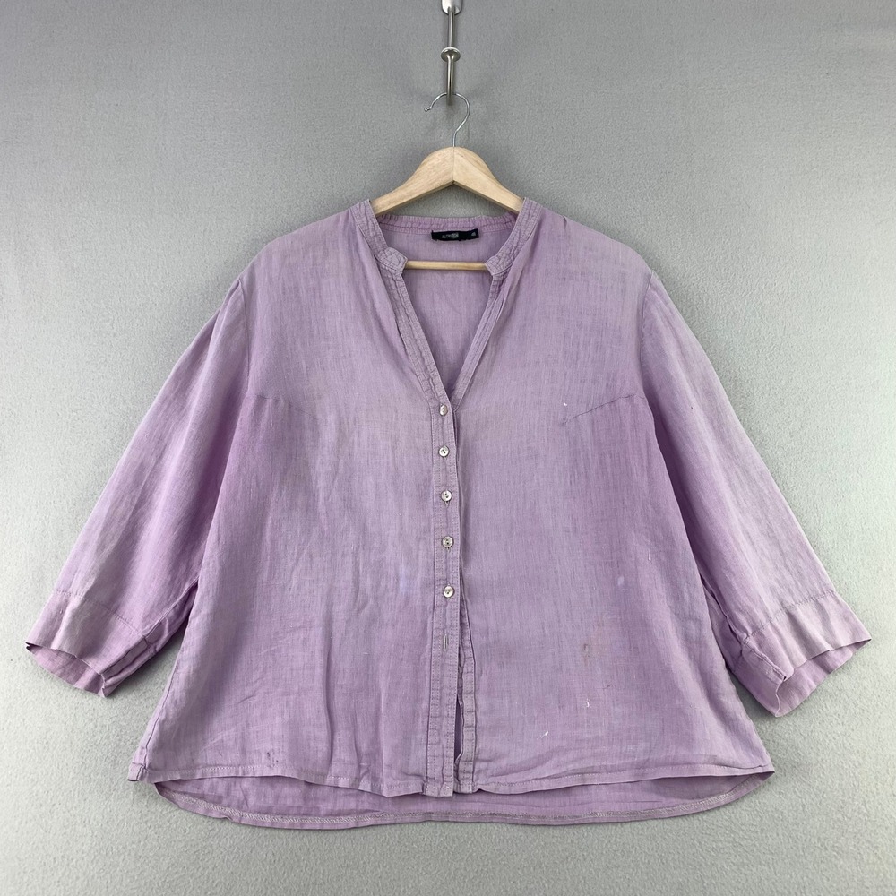 Autre Ton Button Up Shirt Women 48 Purple Linen Casual 3/4 Sleeve Blouse